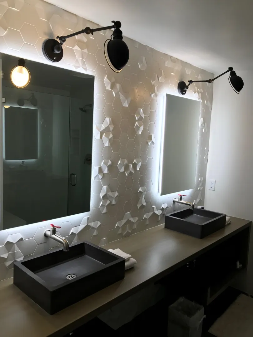3D hex tile vessel sink bathroom