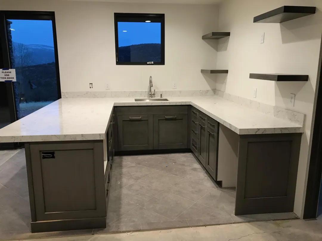 Kitchen with dark cabinets and quartz countertops